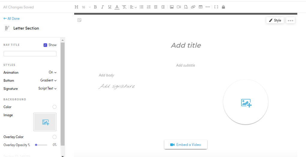 screenshot of Blissbook's editor interface to add a letter section