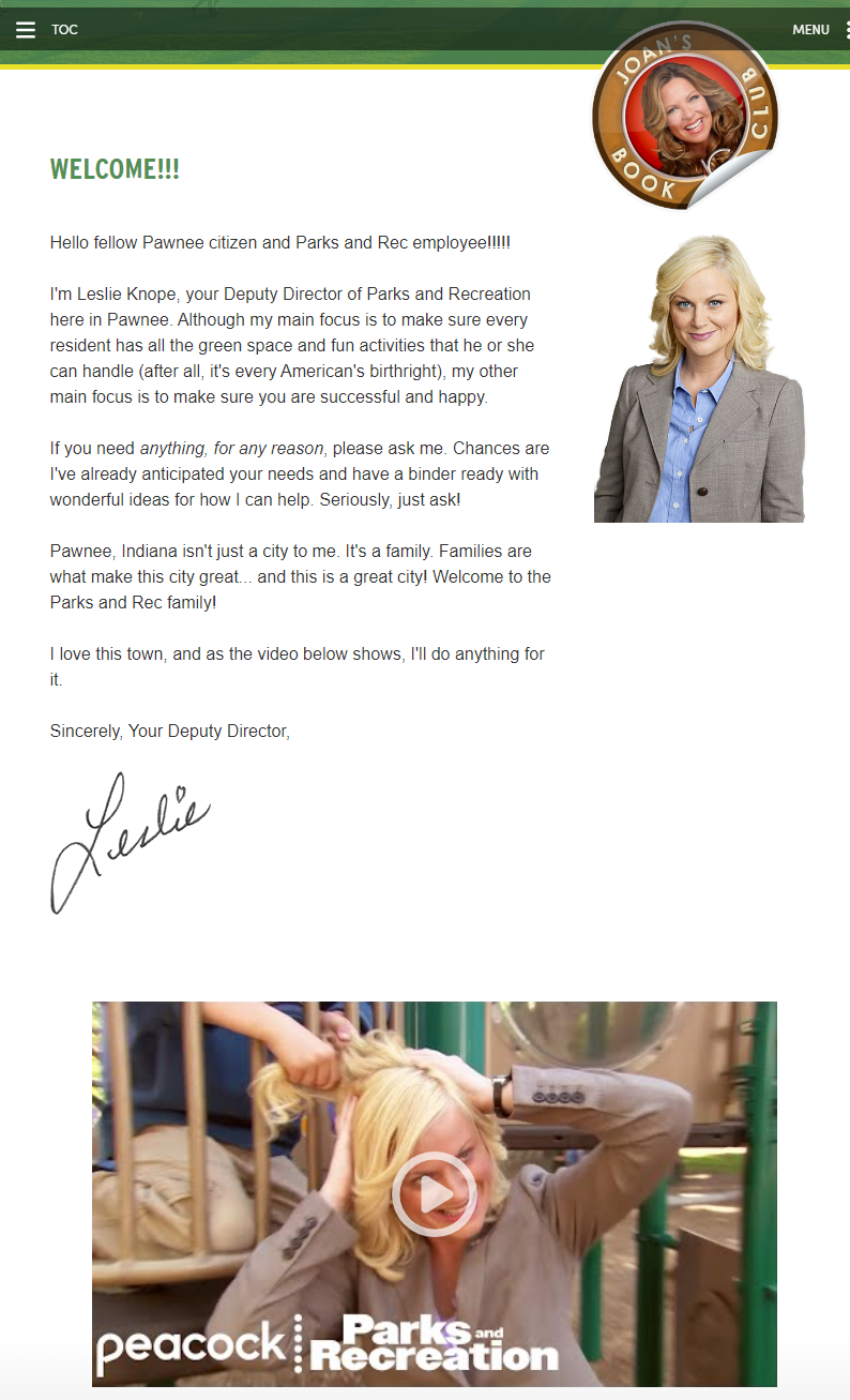 sample parks and recreation employee handbook welcome letter with photo of Leslie Knope and video