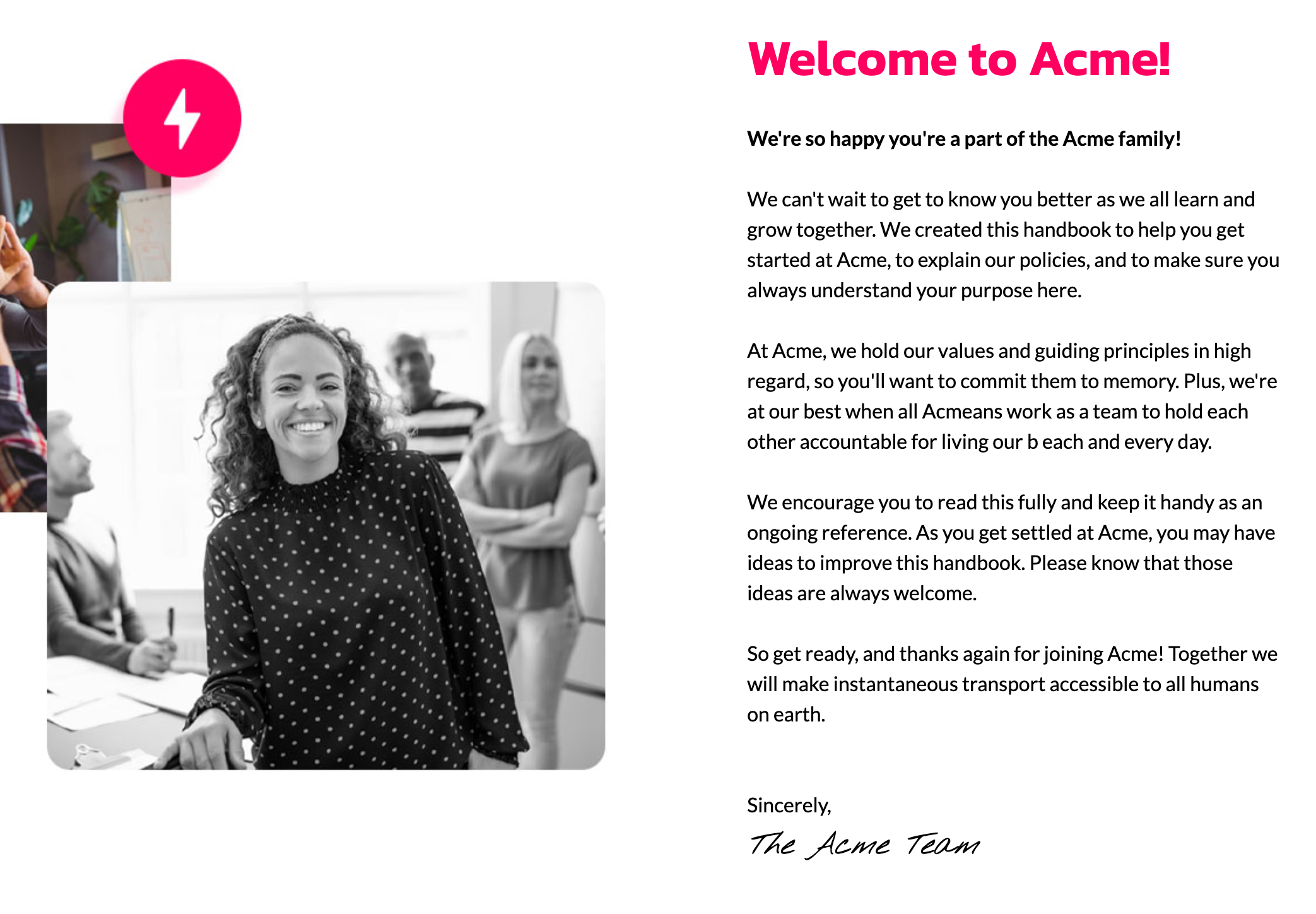 sample employee handbook welcome letter with bold title and inviting photos of employees
