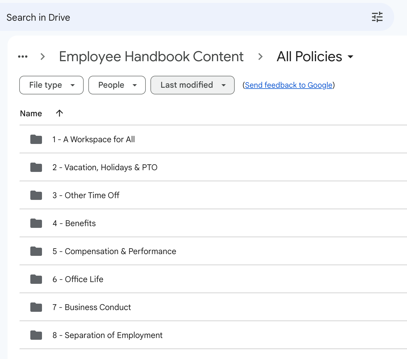 screenshot of google drive with folders of company policy topics