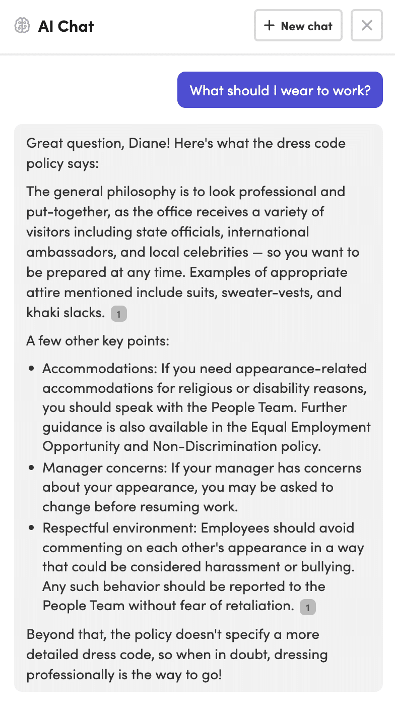 Employee handbook chat panel answering a policy question in plain language with a link to the source section