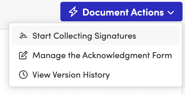 Blissbook Document Actions menu with the option to start a new signature round for a handbook
