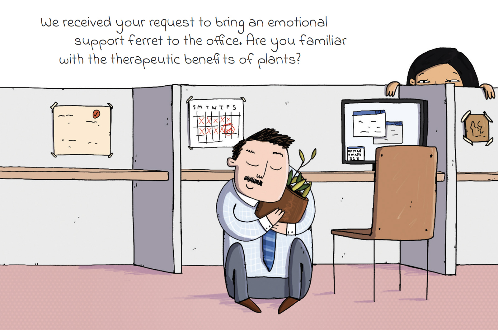 Man hugging a plant, with advice that plants can provide emotional support (rather than a ferret).
